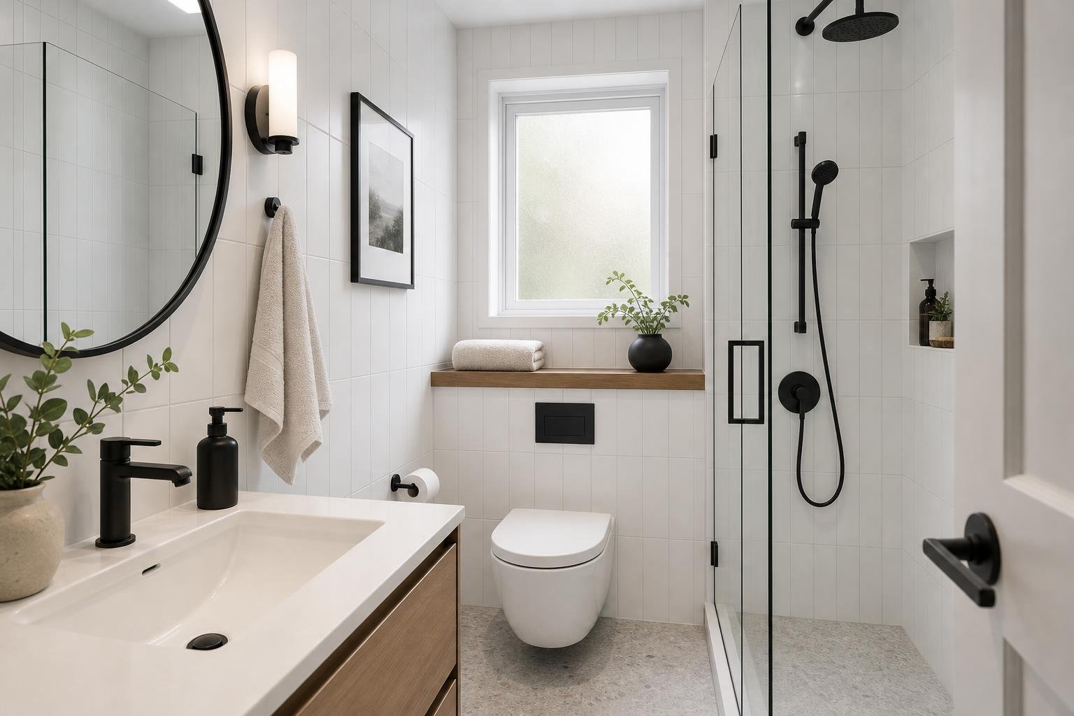 A modern bathroom with a sink vanity, toilet, and glass shower enclosure.